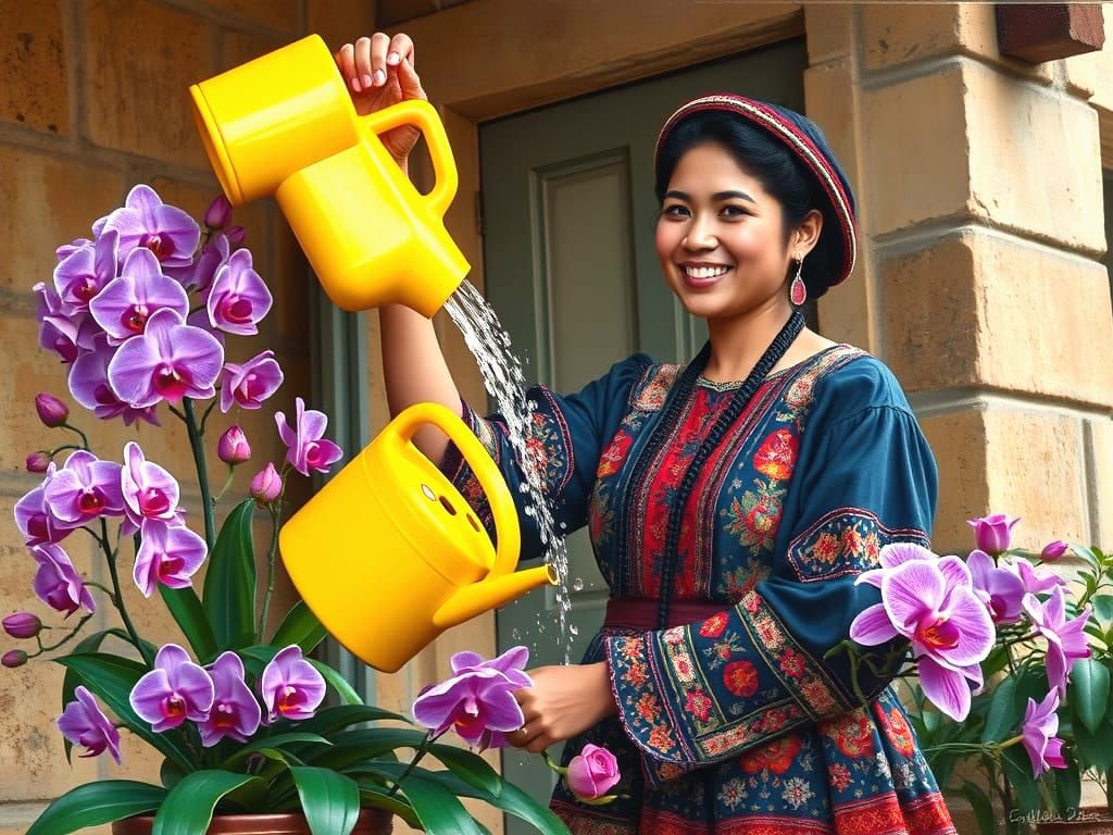 Bolivian Woman Tends Orchids and Roses