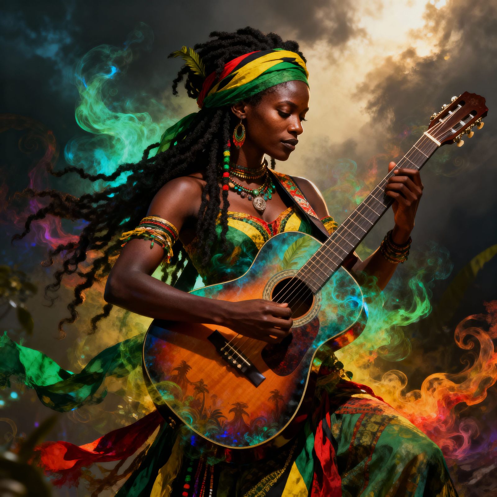 Whimsical Fantasy Jamaican Woman Playing Guitar Double Expos...