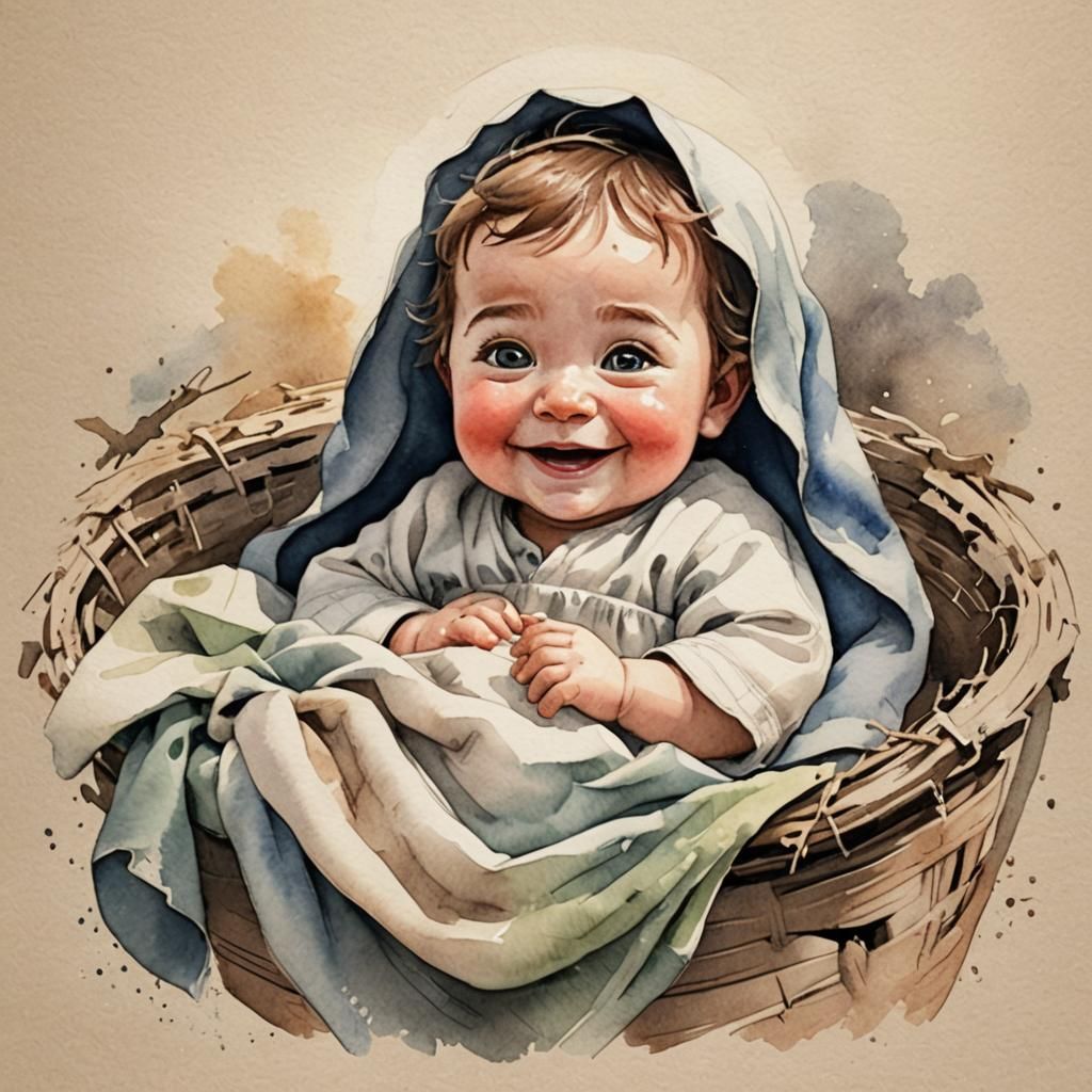 Cute Baby Jesus in Manger: Pixar-Style Watercolor