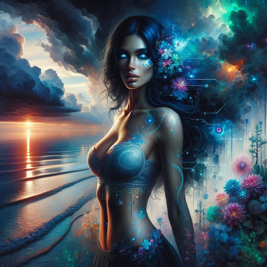 Cyberpunk Goddess with Raven Hair and Sapphire Eyes