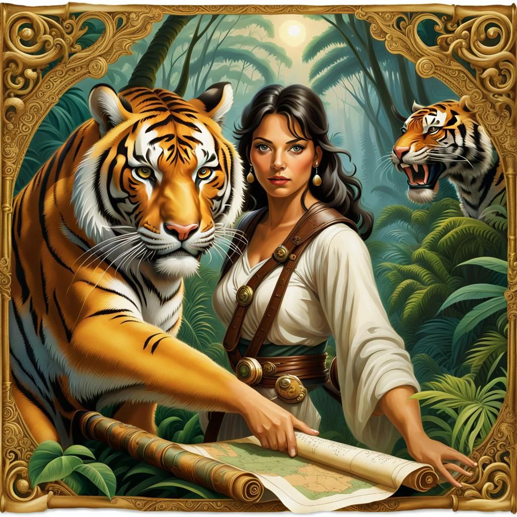 Explorer with Ancient Map and Jungle Tiger