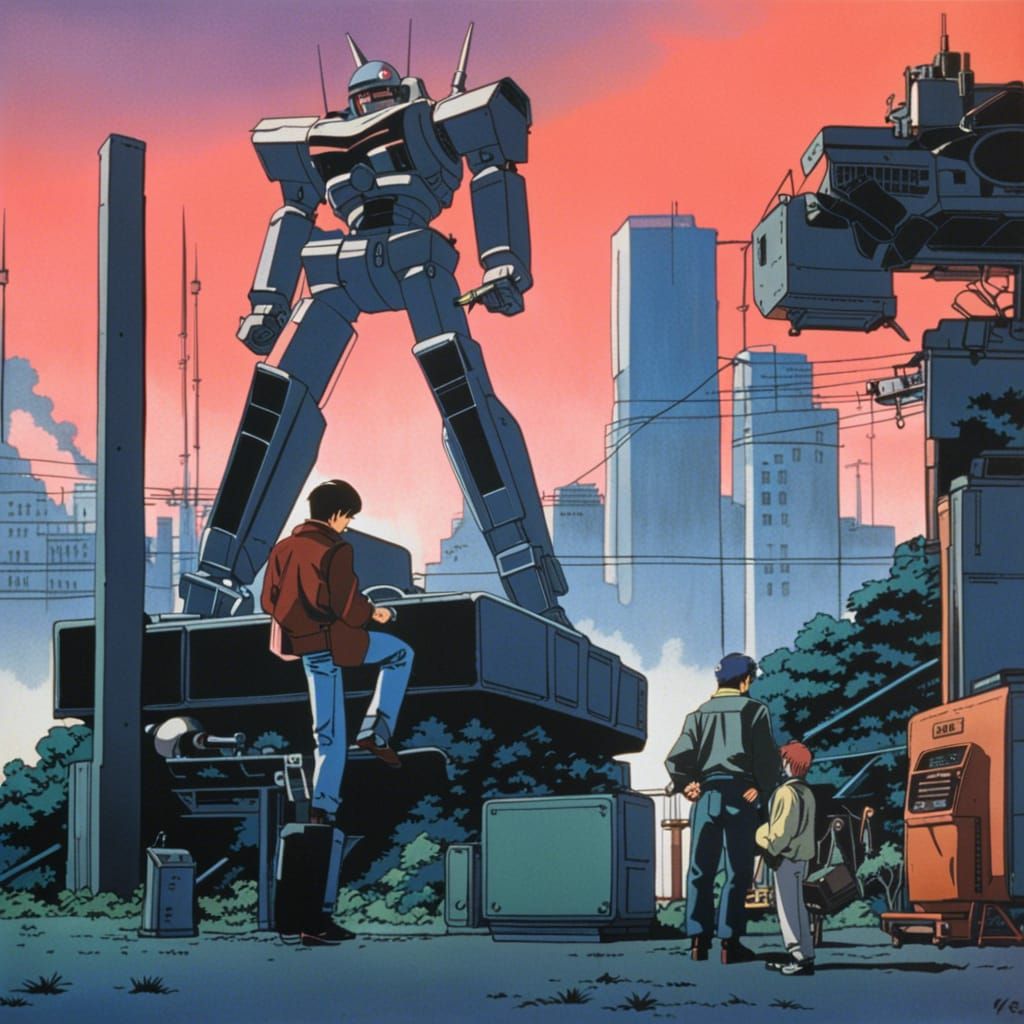 80s Anime Delinquent Fixing a Mecha Robot
