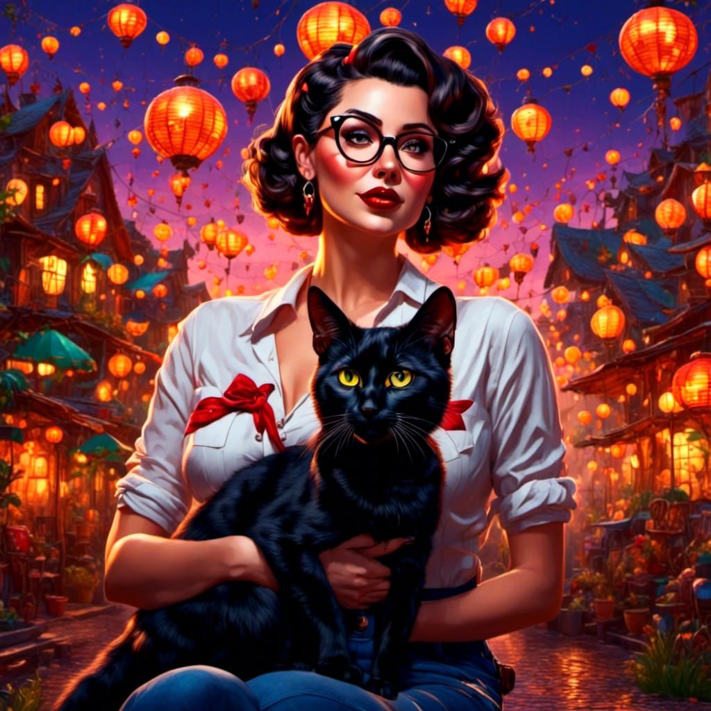 Woman with Cat in Bright 3D Digital Art