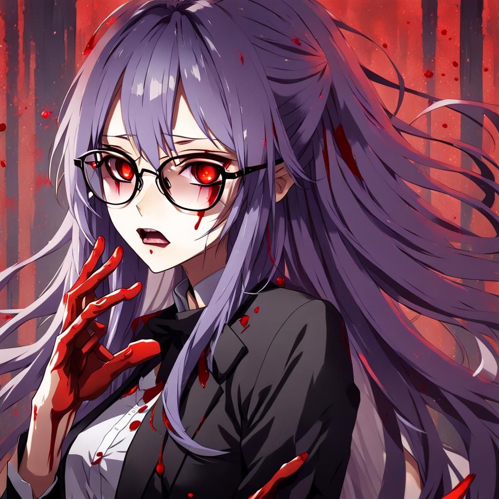 anime girl long lavender hair, red eyes, bloody hands and mouth, wearing rectangular glasses without top frames
