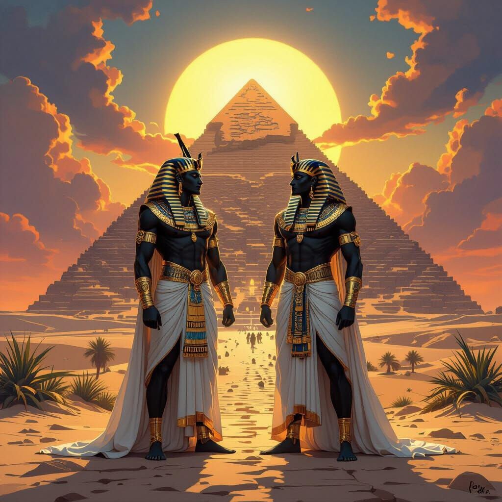 Egyptian Gods Couple Before Pyramid, Fantasy Art Style