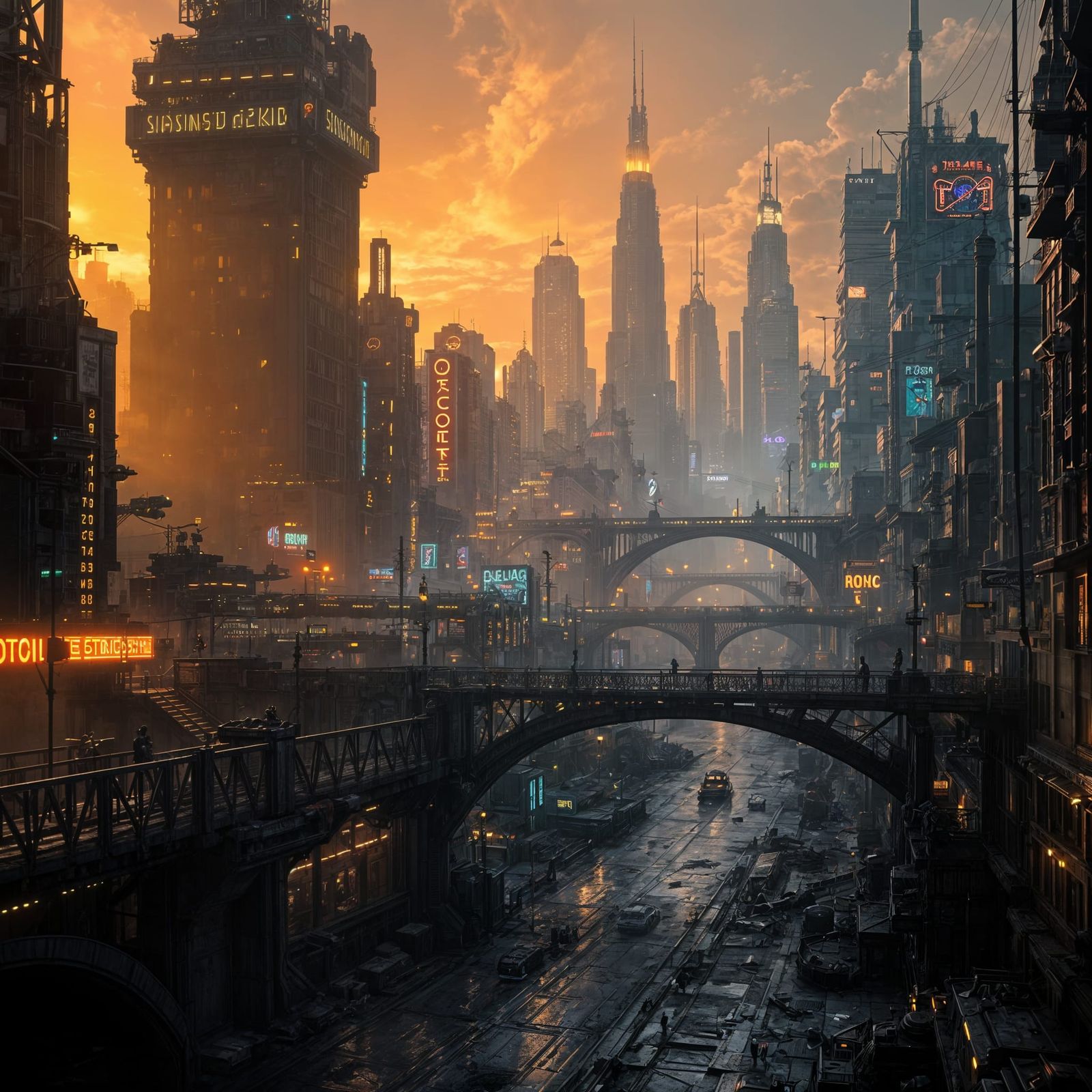 Cyberpunk Apocalyptic Cityscape in Golden Light