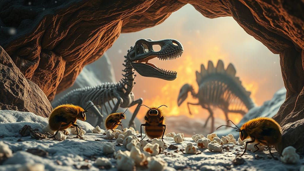 Cute Cockroaches Feast on Popcorn Near a Dinosaurs Skeleton...