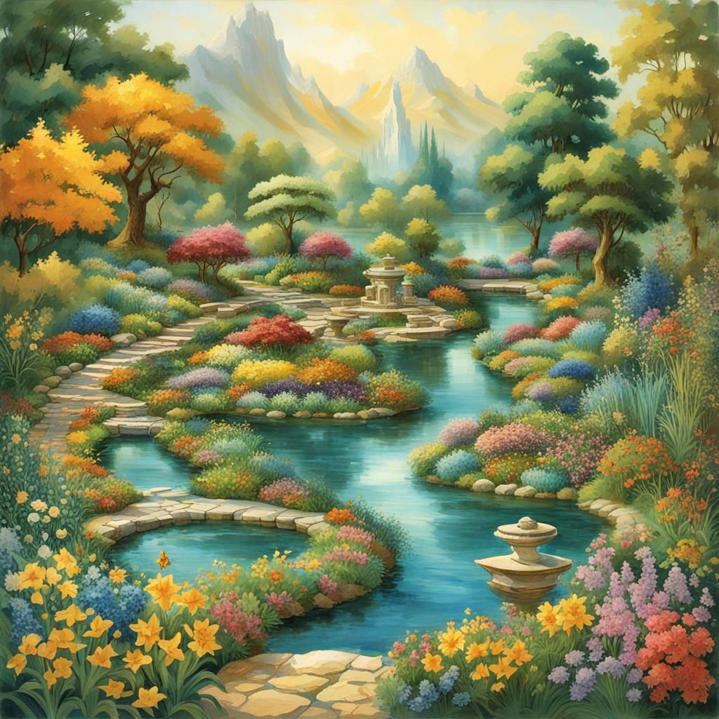 Idyllic Paradise Garden with Precious Stones