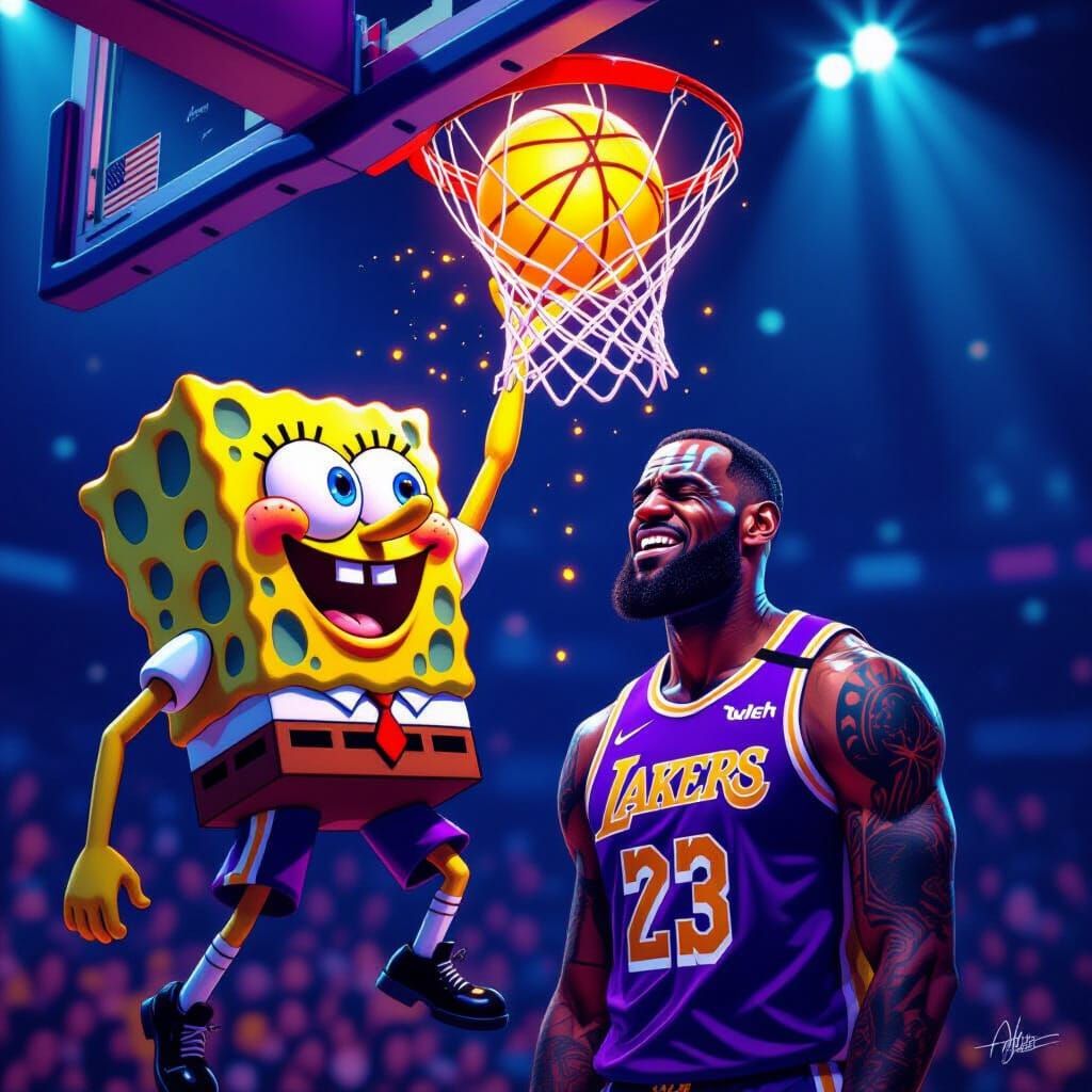 SpongeBob Dunking Over Weeping LeBron, Dark Fantasy Art