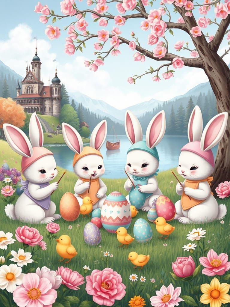 Easter Bunnies Painting Eggs in Chibi Style