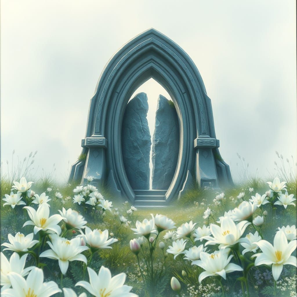 Stargate in Misty Meadow: Watercolor Fantasy Art