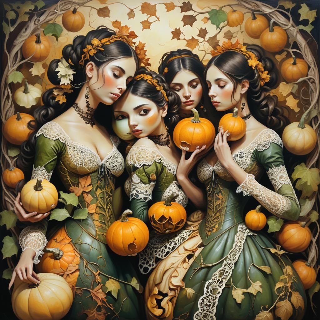 Surreal Gourd Girls in Victorian Oil Painting Style
