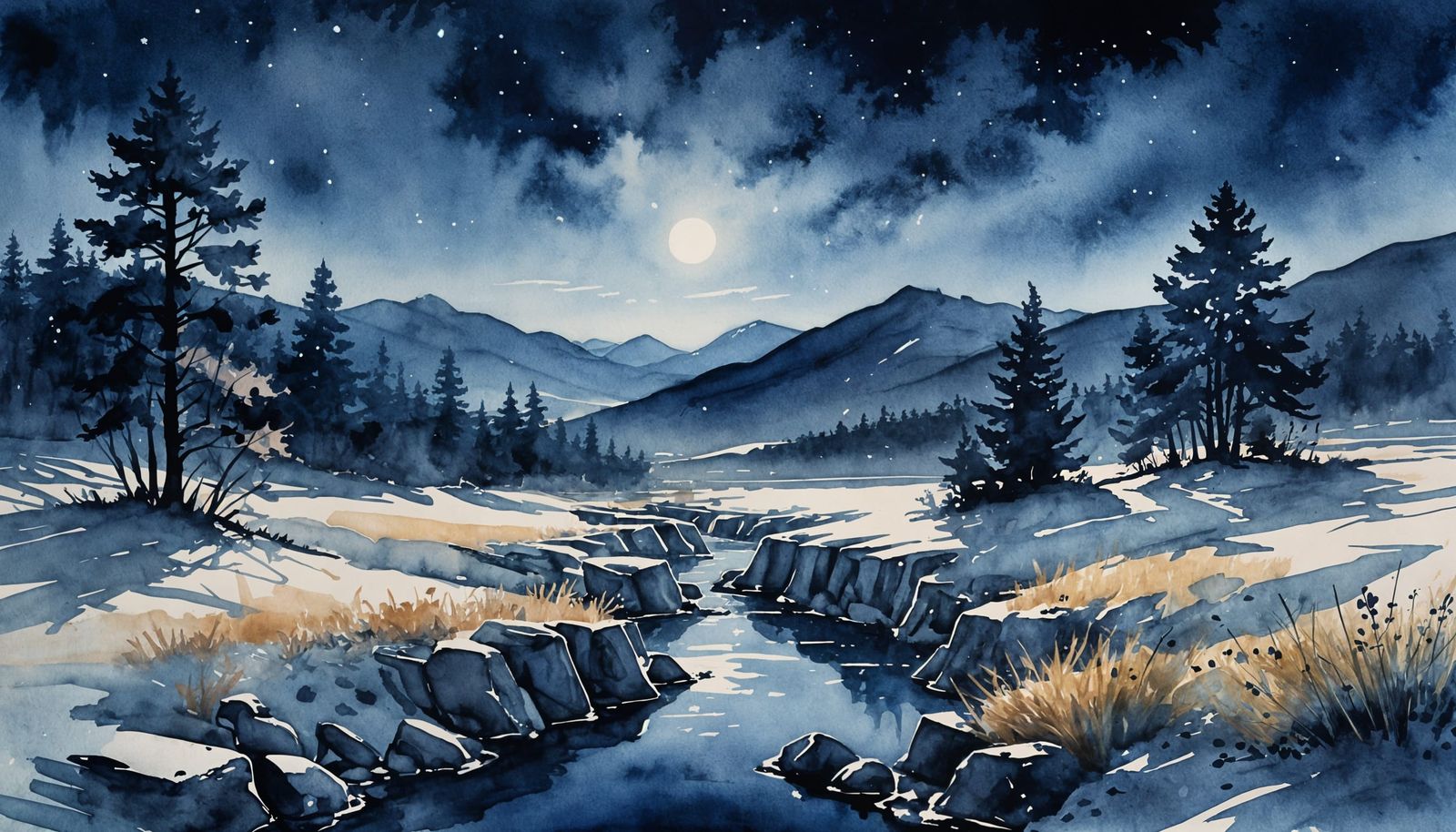 Blue Moonlit Landscape in Watercolor Illustration