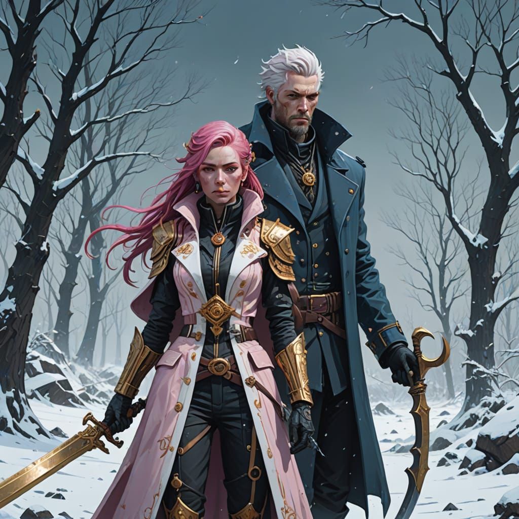 Enchanted Winter Duo Stands Serene in Frosty Landscape