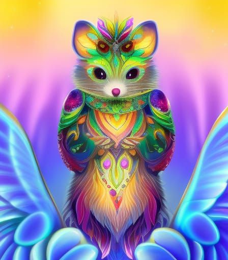 Mystical Winged Mouse Creature in Psychedelic Forest