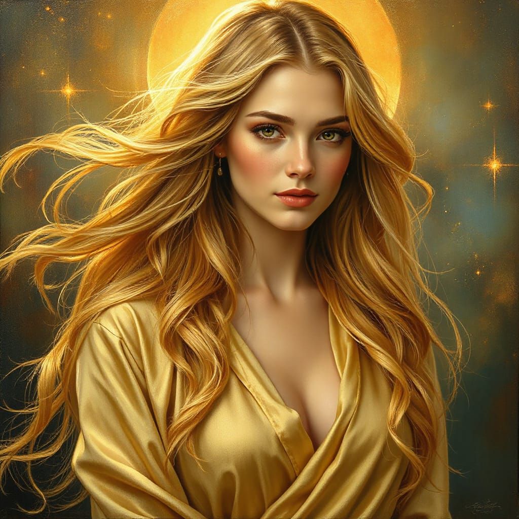 Divine Goddess with Golden Hair in Celestial Glow