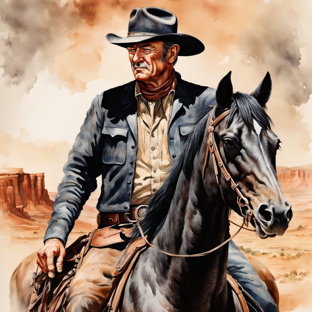 John Wayne Cowboy on Horse in Dusty Desert Watercolor