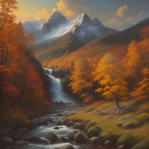 Autumnal Mountain Landscape in Oil Painting Style
