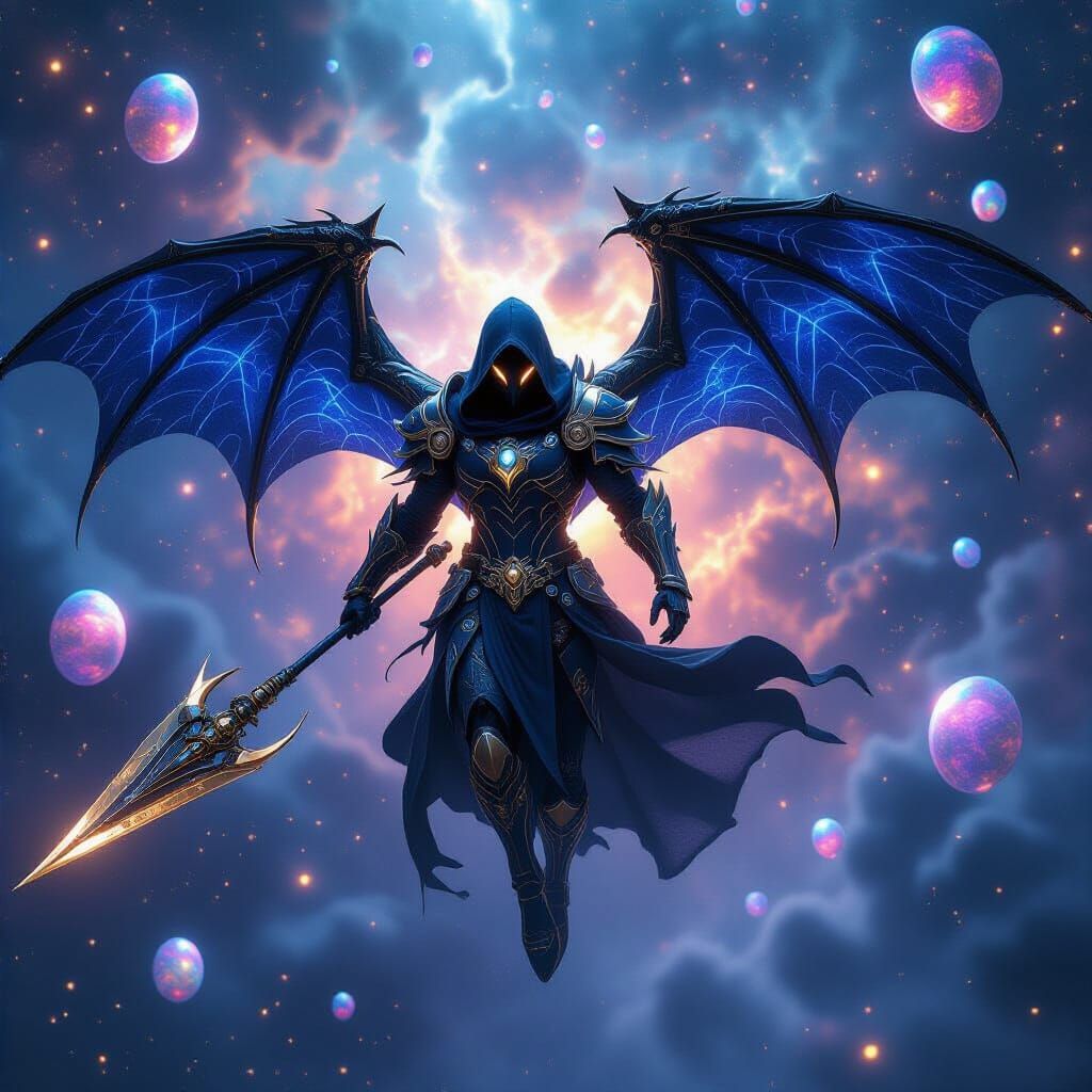 Biomechanical Dragon Soaring Through Iridescent Nebula