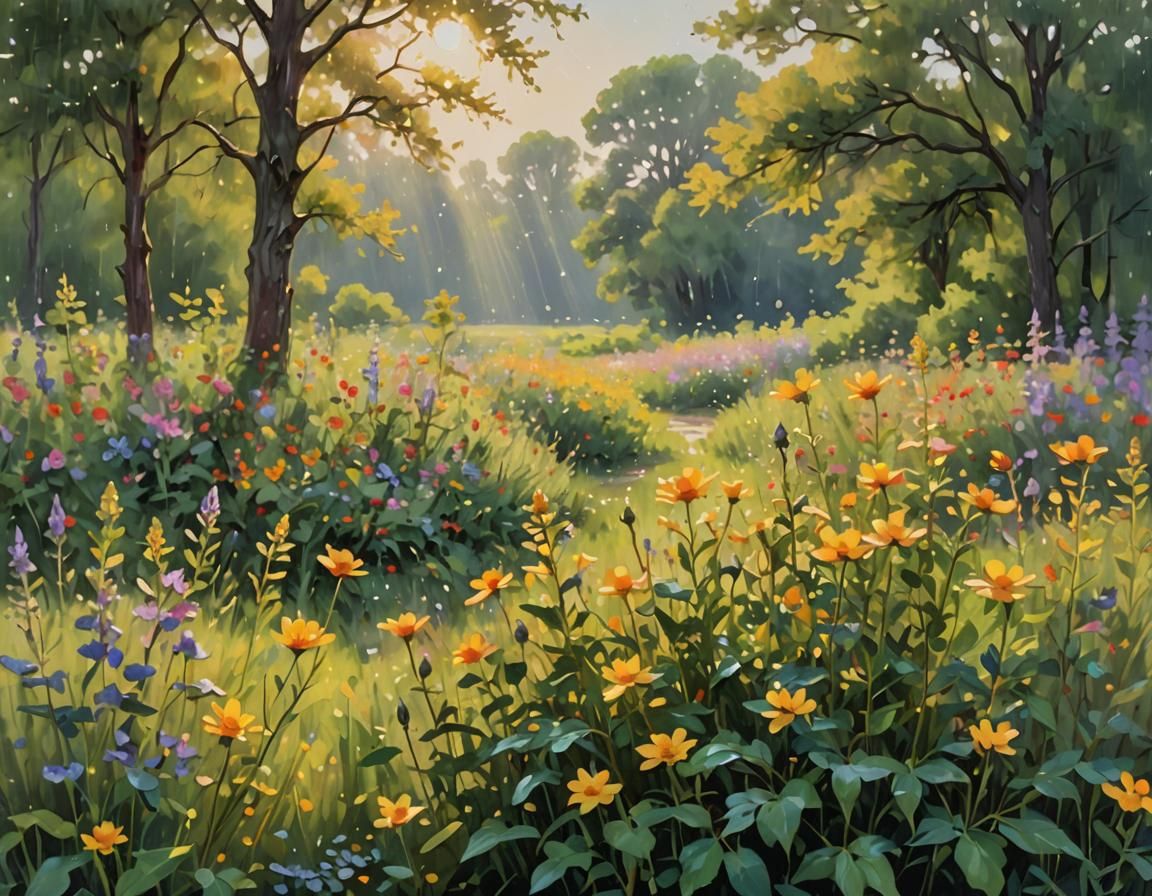 Impressionistic Sun Shower Over Wildflower Meadow
