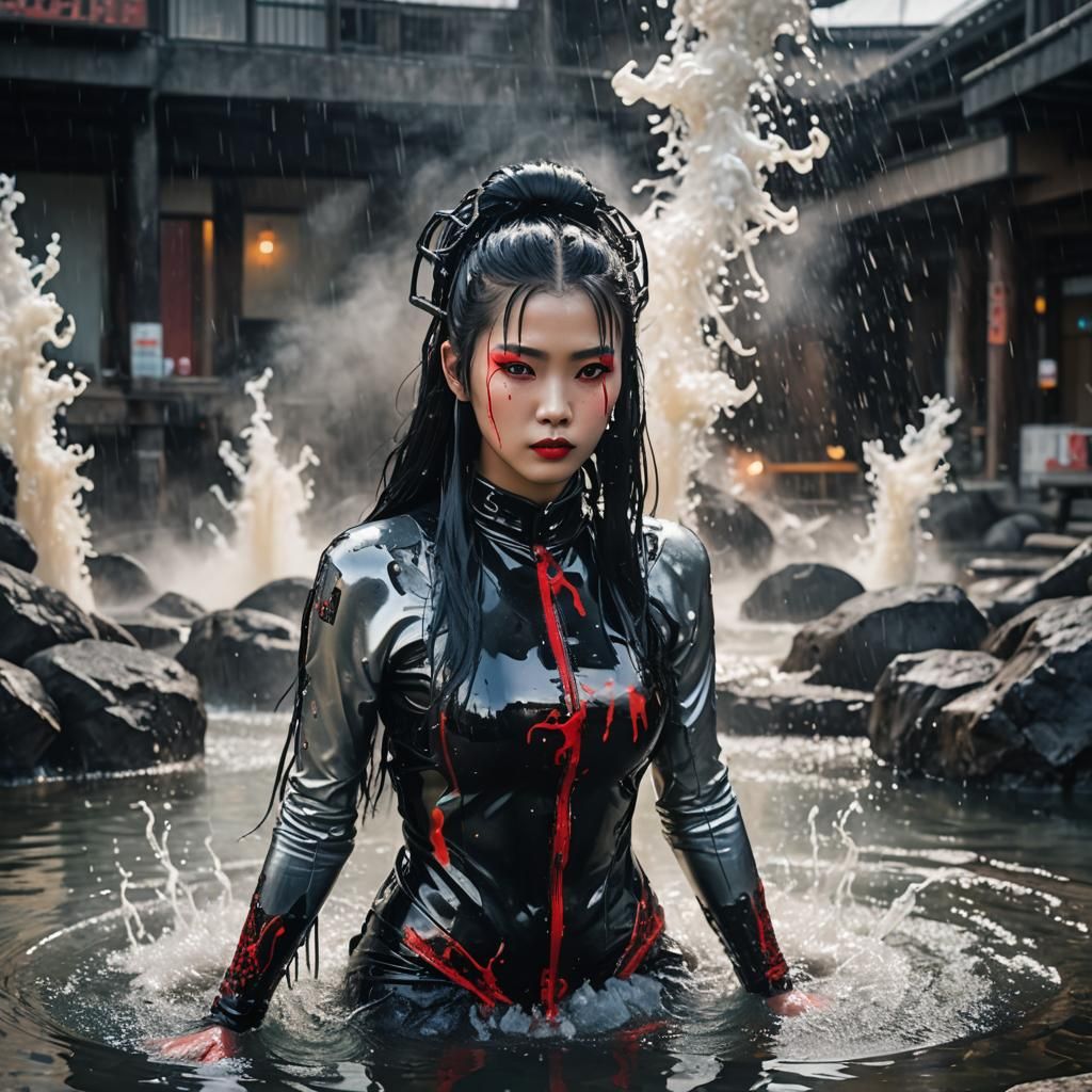 Cyberpunk Woman in Explosive Volcanic Onsen Lake