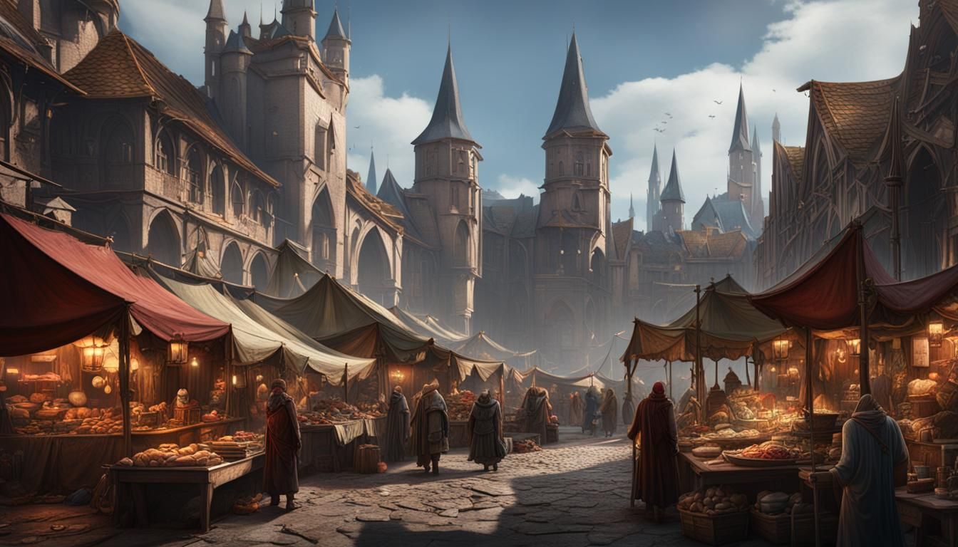 Busy Fantasy Market in Gothic City, Matte Painting