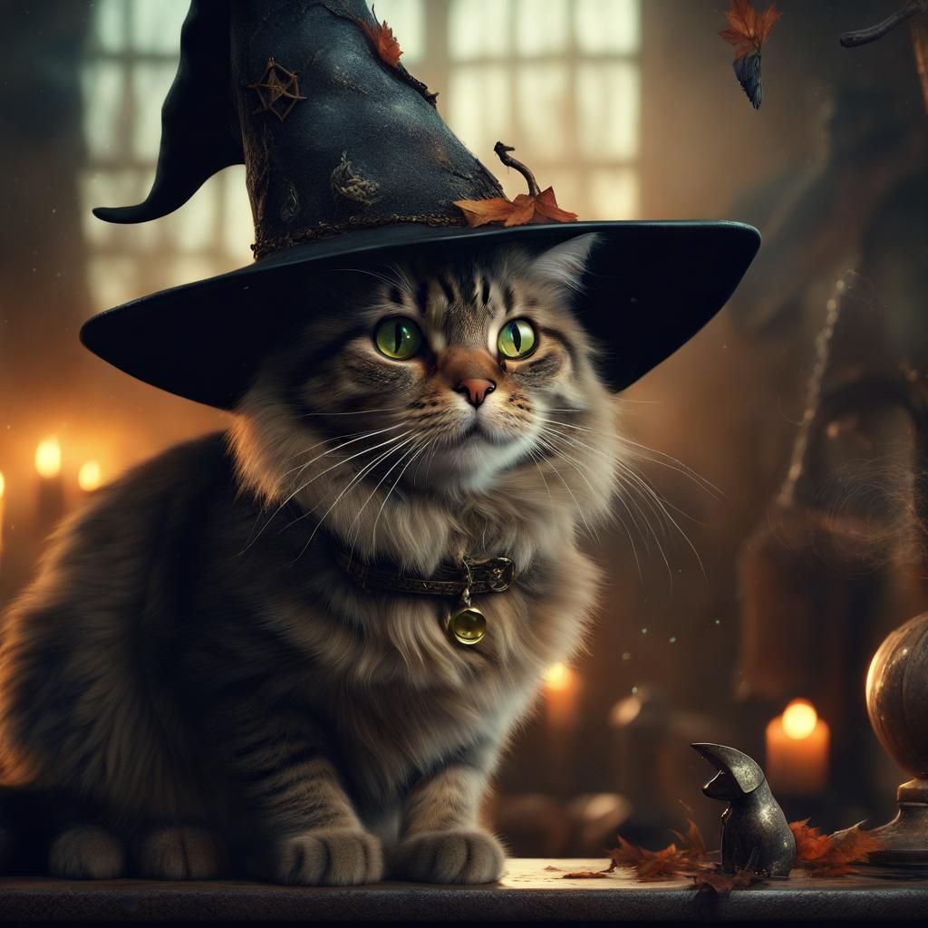 Cat in Witch Hat: Epic Digital Painting