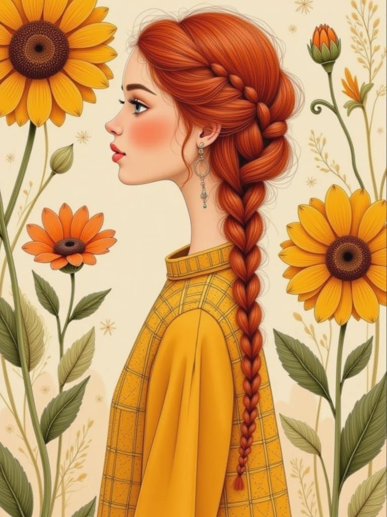 Elegant Woman in Structured Dress Amidst Oversized Sunflower...