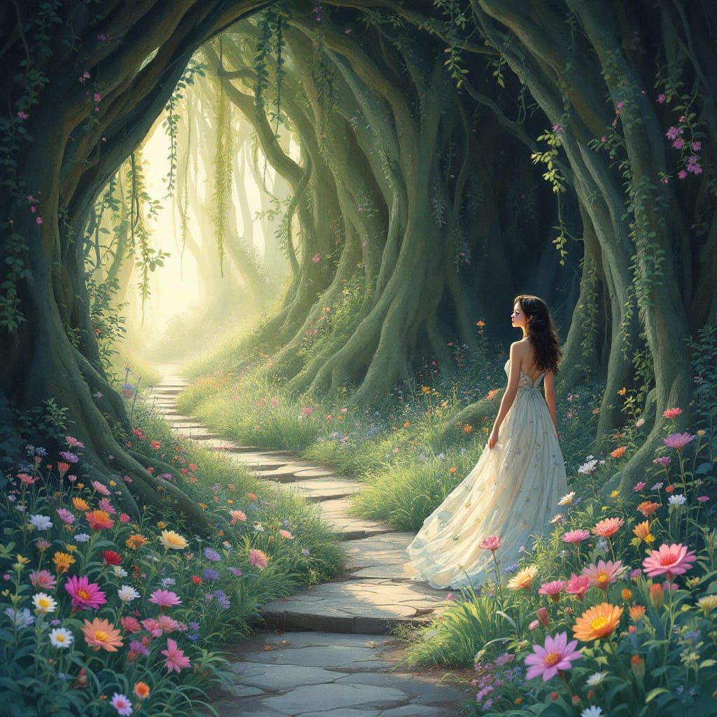 Woman Finds Hidden Path in Mystical Forest