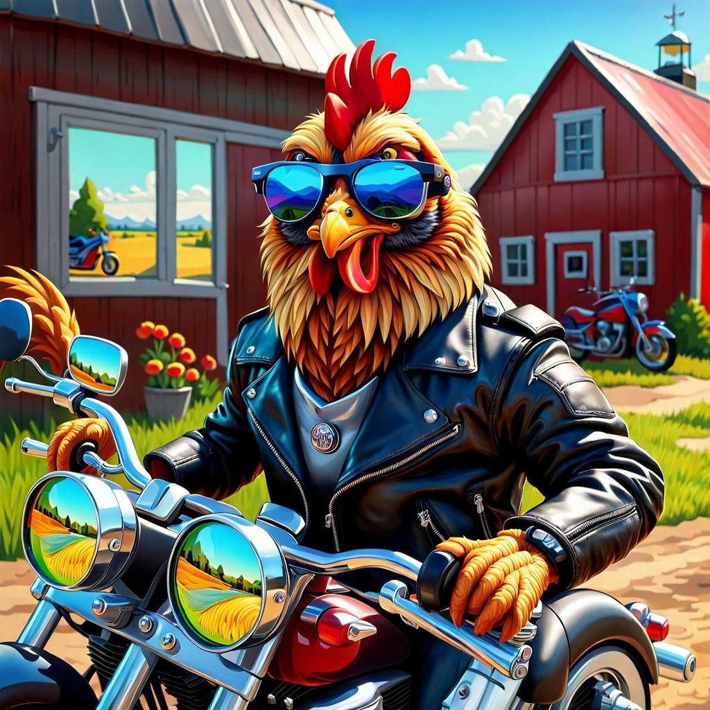 Sunglasses Chicken on Motorcycle: 3D Oil Painting