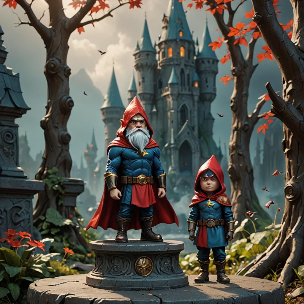 Superhero Figurines on Pedestal in Neogothic Style