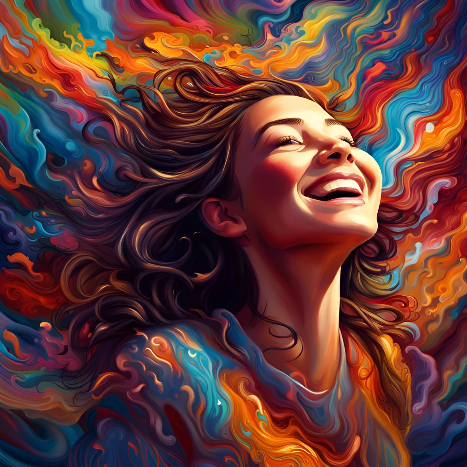 Radiant Woman Experiencing Pure Joy in Swirling Colors