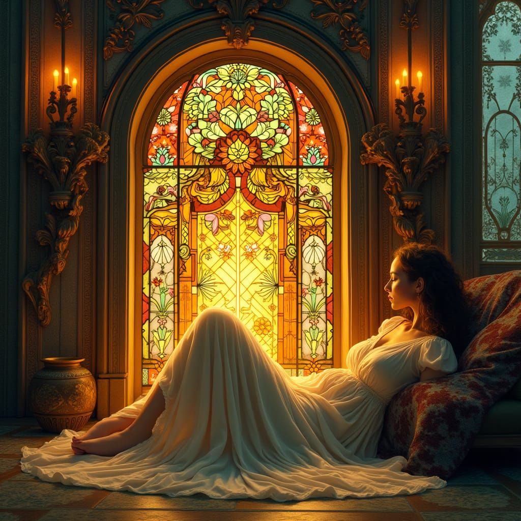 Woman by Stained Glass Fireplace in Art Nouveau Style