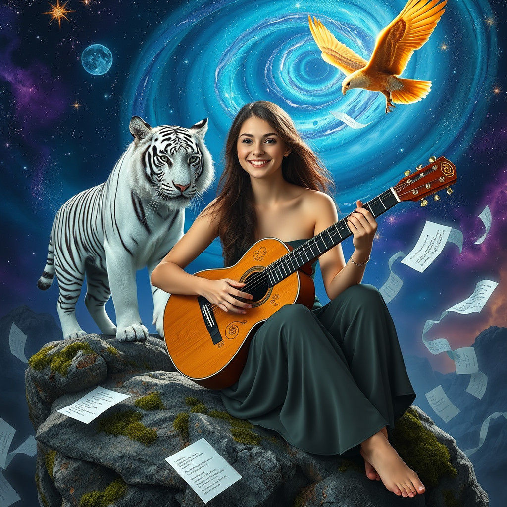 Woman Serenades Tiger in Cosmic Landscape