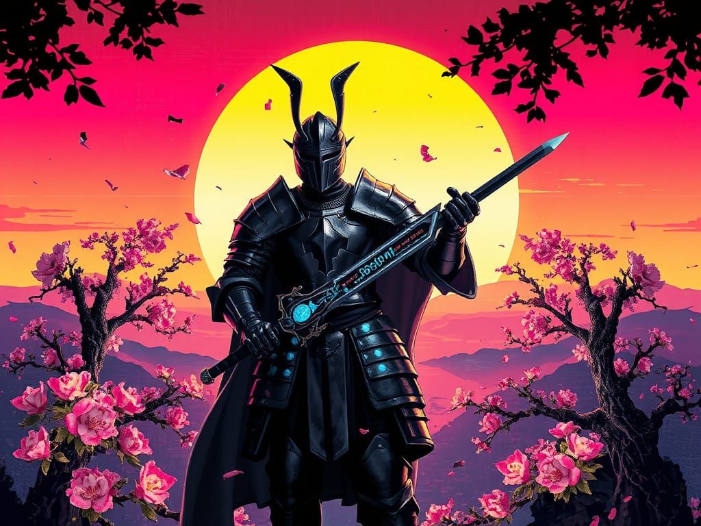 Cyberpunk Knight Silhouetted Against Glitch Sunset