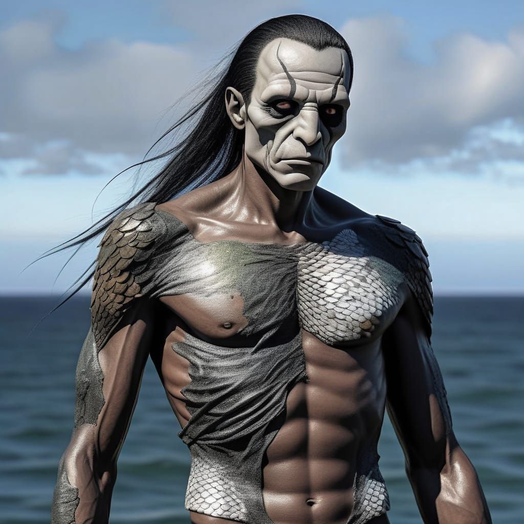 Man-Fish Chimera with Scales in Ocean Scene