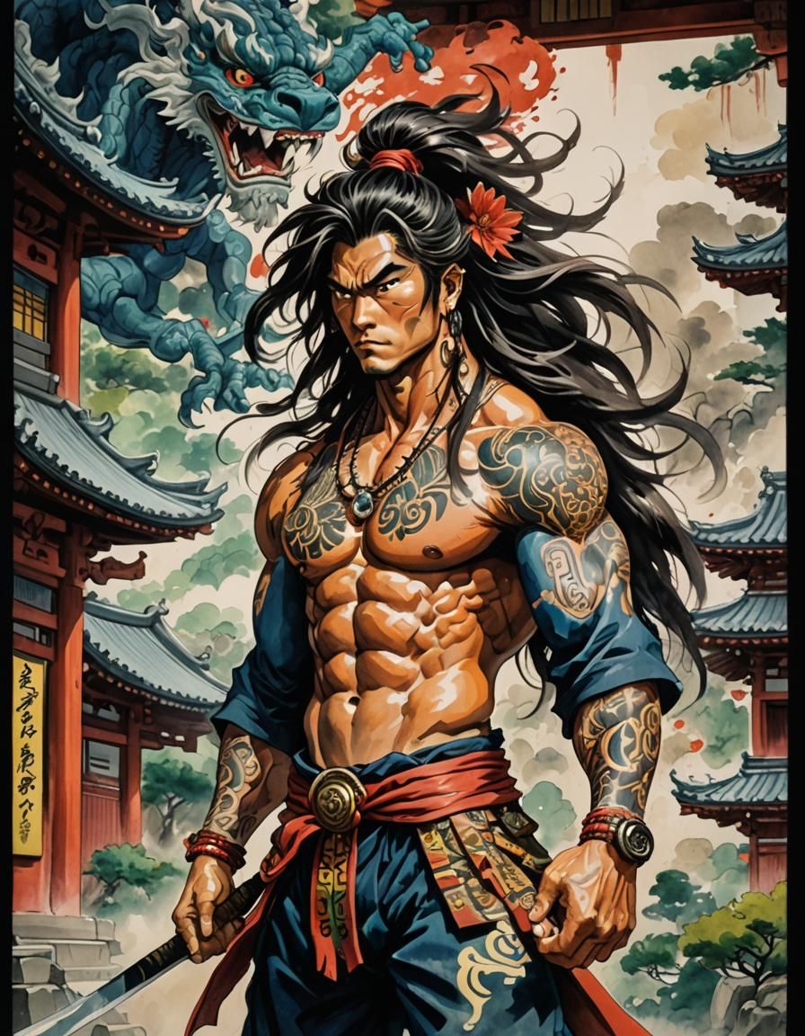 Warrior in Japanese Temple: Anime Gouache Painting