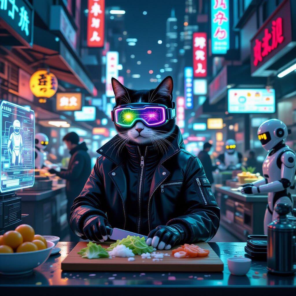 Cyberpunk Cat Live-Streams Cooking Show in Neon City