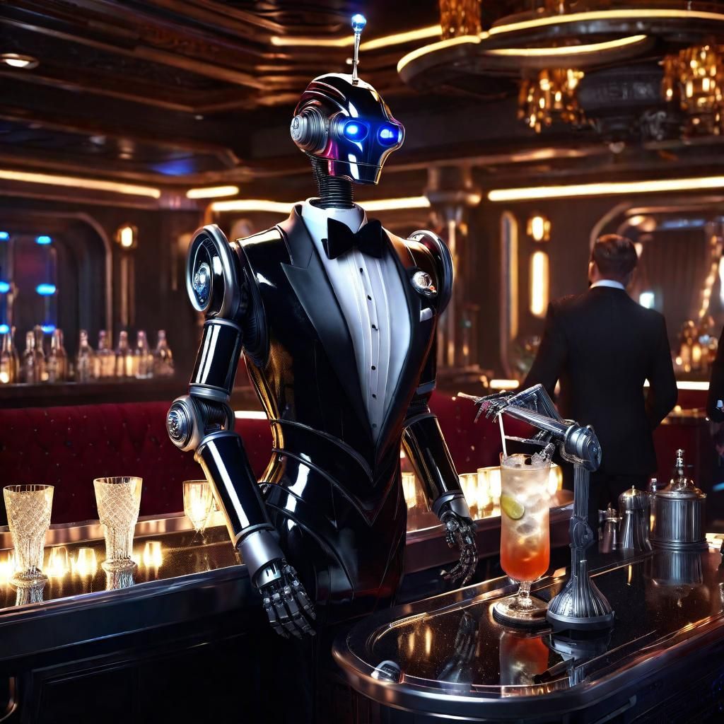 Robot Butler in Tuxedo, Maximalist 3D Render