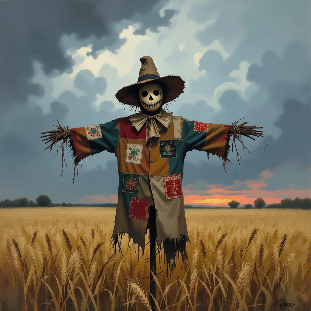 Tattered Scarecrow in Barren Field Under Stormy Sky