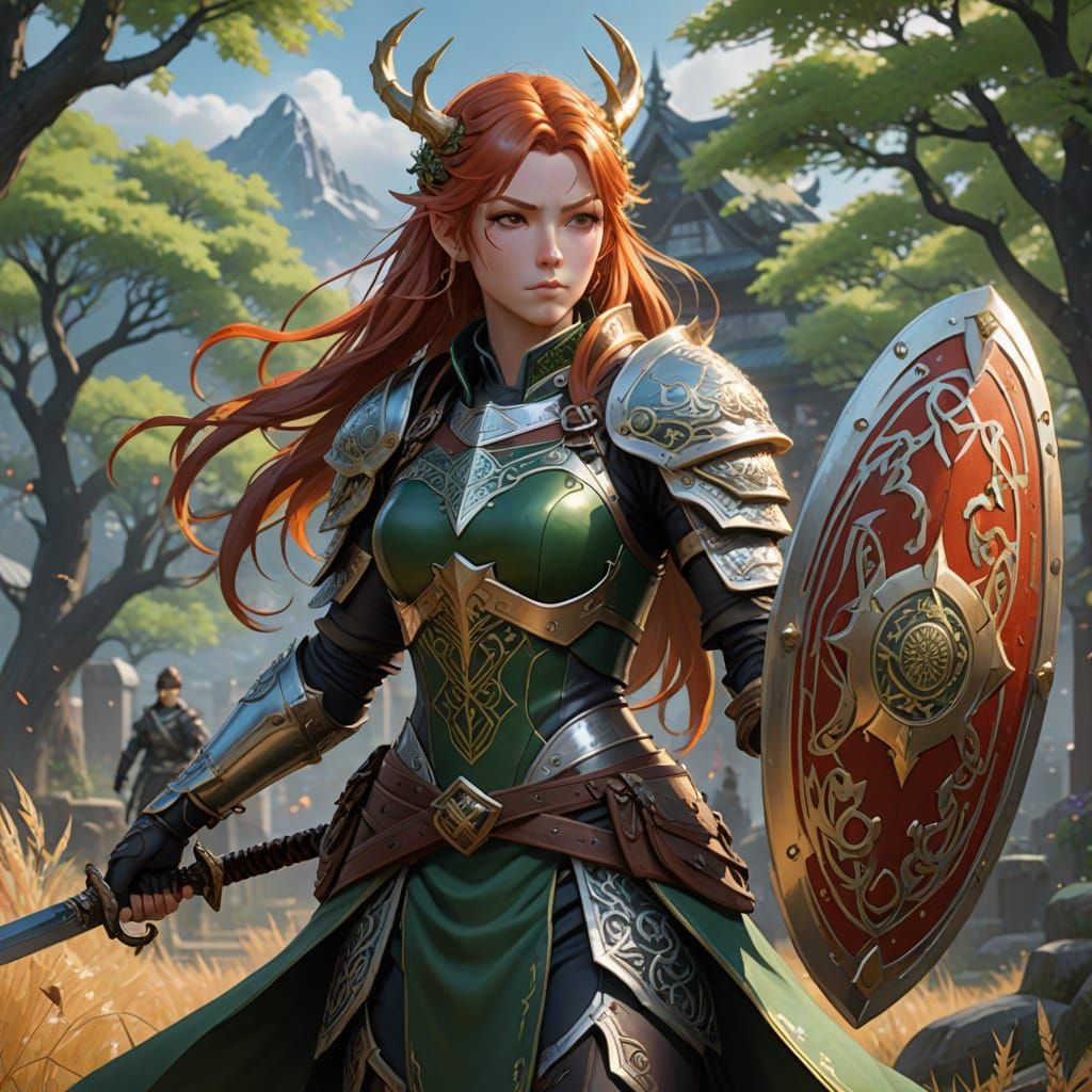 Shield Maiden with Vibrant Celtic-Inspired Armor
