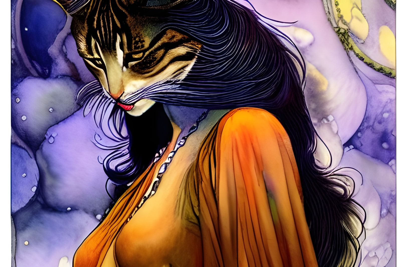 Cosmic Feline Goddess in Watercolor Style