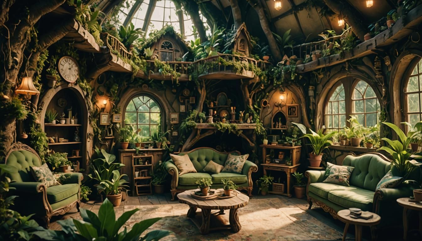 Enchanted Fairy House Living Room: Cinematic Film Still
