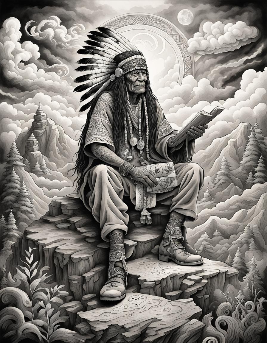 Shaman on Mountain in Colorful Mixed Media Style