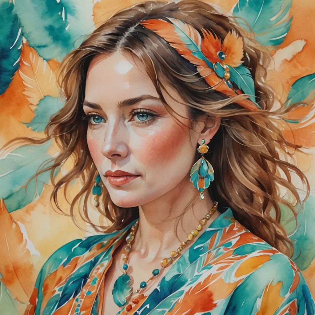 Dreamy Watercolor Portrait of a Woman in Kaftan
