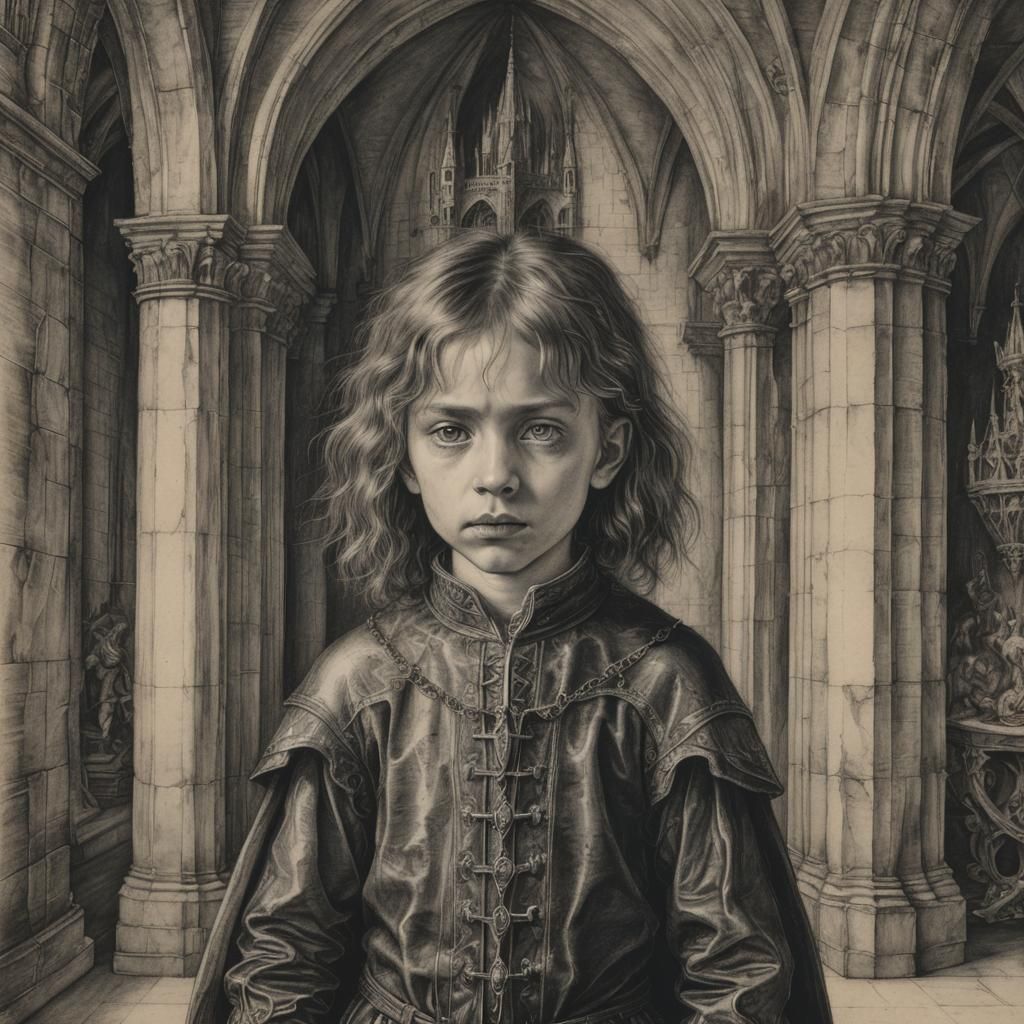 Child Vampire in Castle Hall, Dürer-Style Charcoal