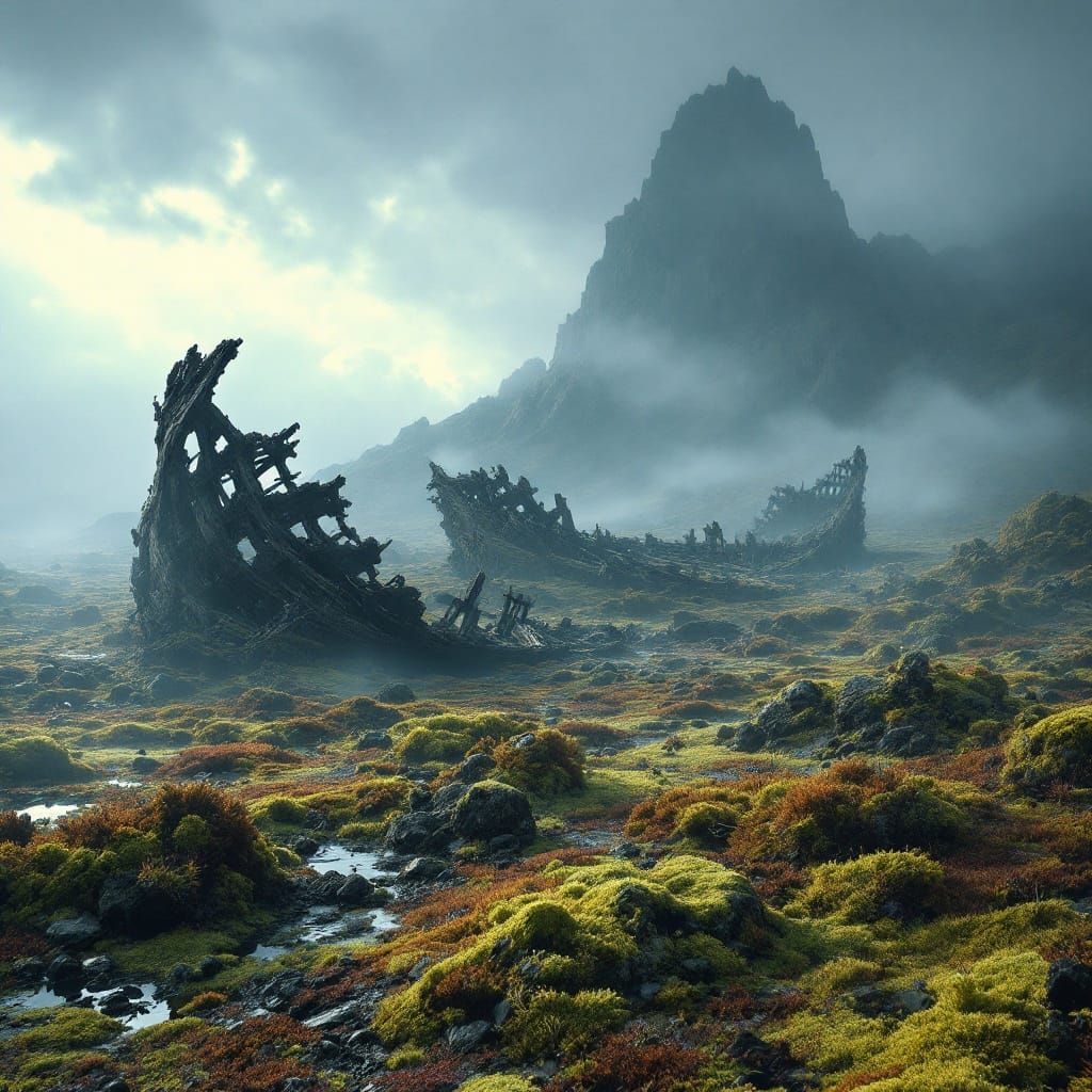 Wreckage of Ancient Naval Vessels on a Vibrant Tundra