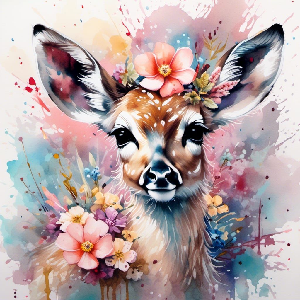 Pastel Fawn with Flowers in Watercolor Style
