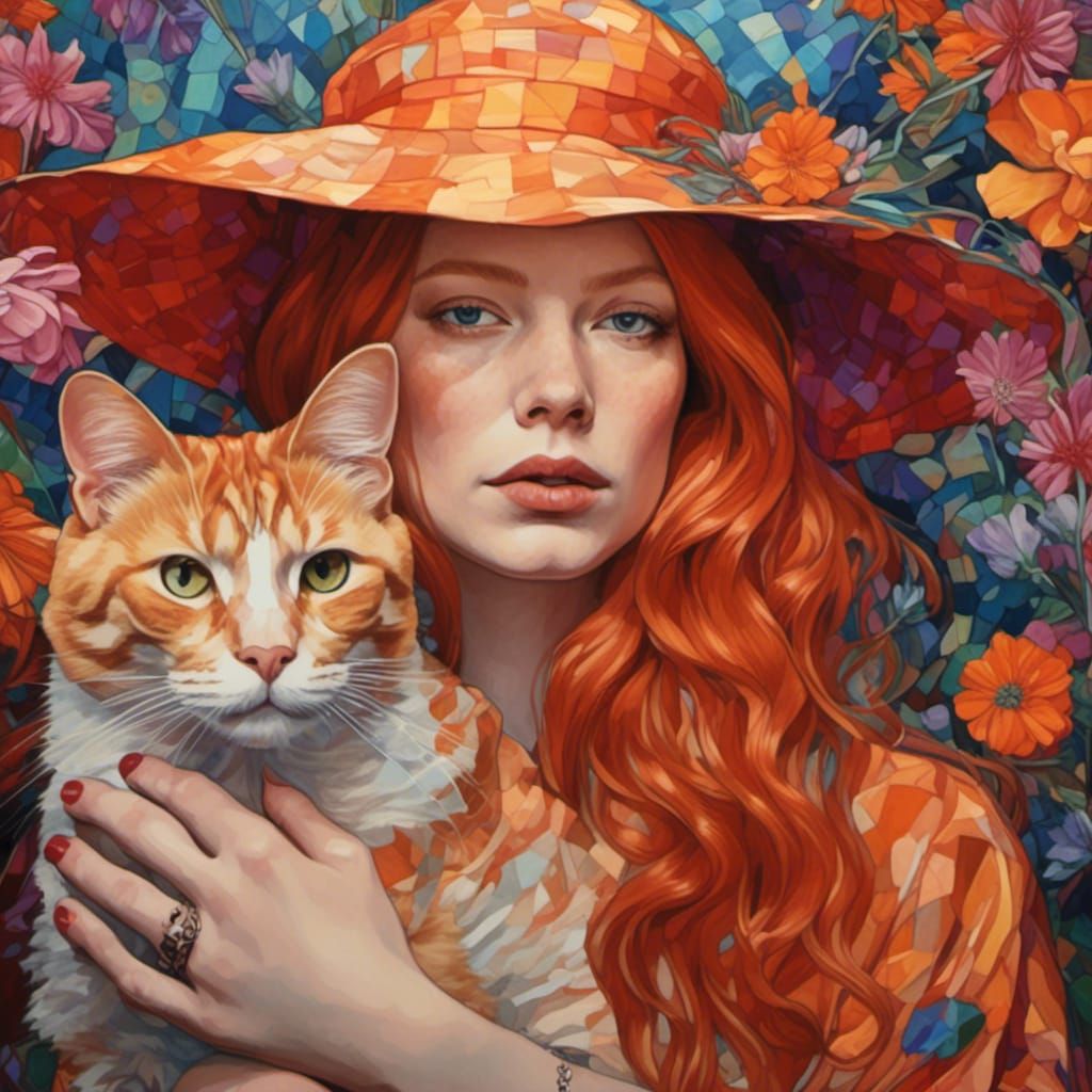 Red-Haired Woman with Cat in Psychedelic Style