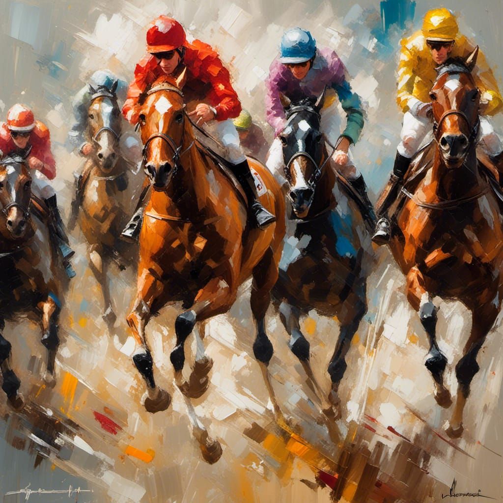 Dynamic Impressionist Horses in Steeplechase Race